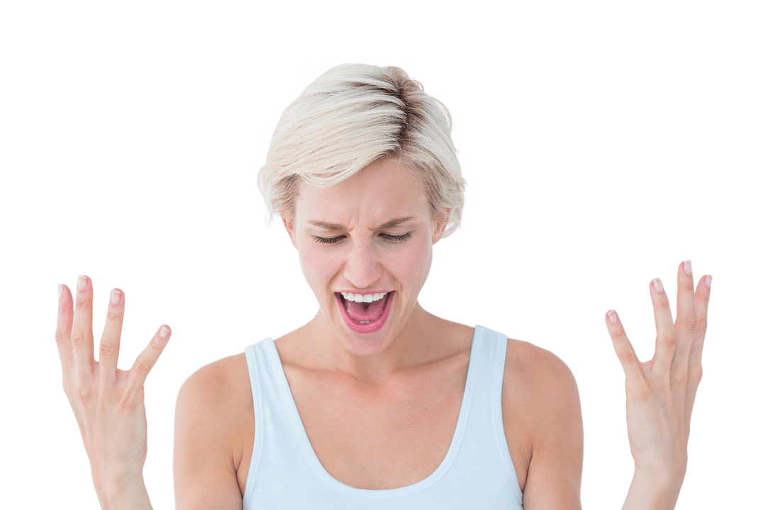Transparent View of Angry Blonde Person Yelling with Hands Up