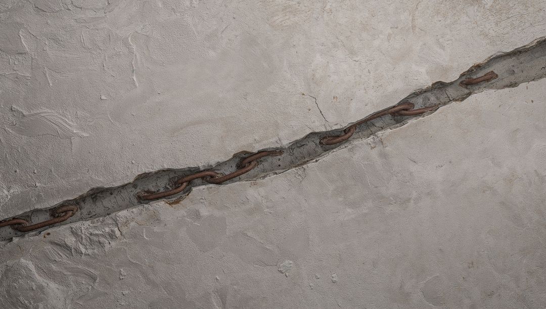 Diagonal Rusted Chain Embedded in Grout-Filled Plaster Ceiling With Corrosion Stains