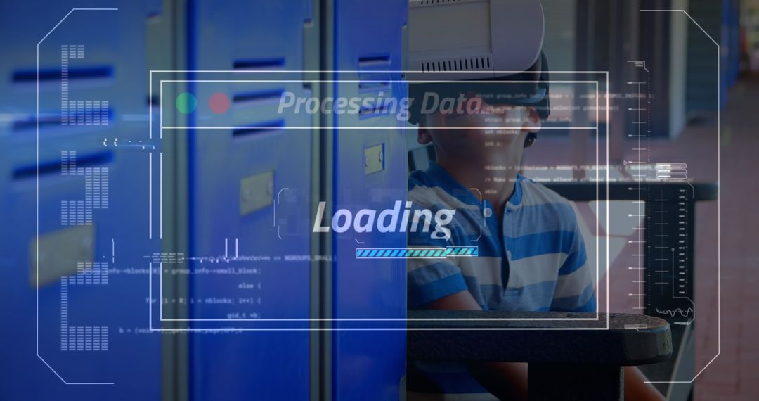 AR Technology Concept with Boy Using VR Headset and Data Processing Graphics