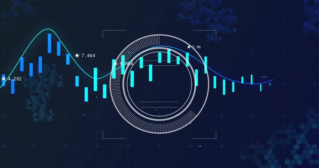Concentric HUD Overlay on Candlestick Chart with Blue Trend Line and Analytics Dashboard