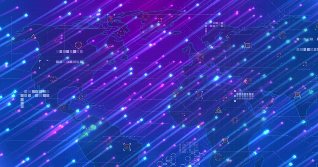 Abstract Digital World Map with Streaming Neon Streaks