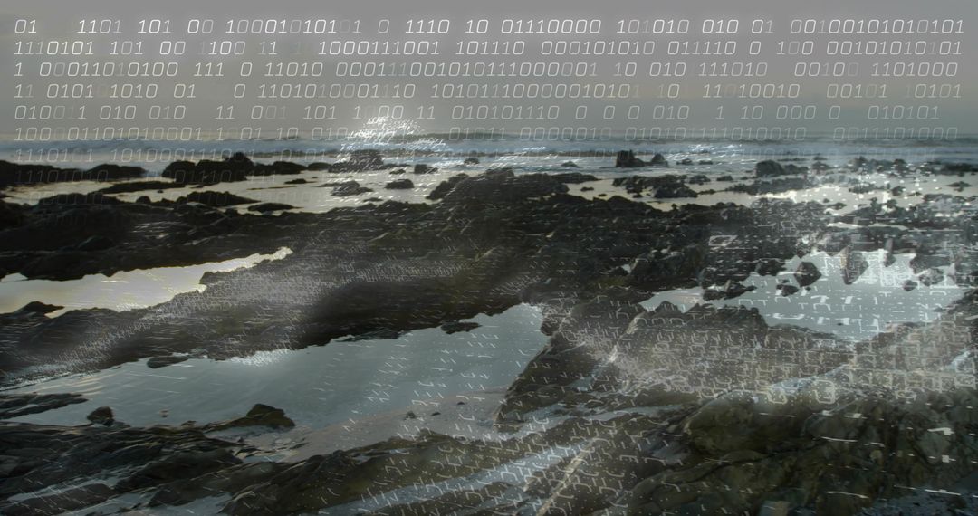Volcanic Shoreline Overlay with Abstract Binary Elements