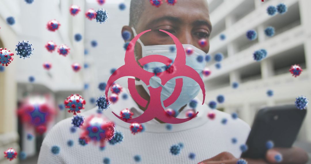 Man in Mask Using Smartphone Amid Pandemic Conceptual Overlay