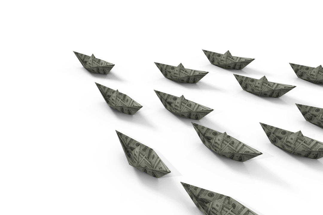 Floating Paper Boats with Dollar Print on Transparent Background