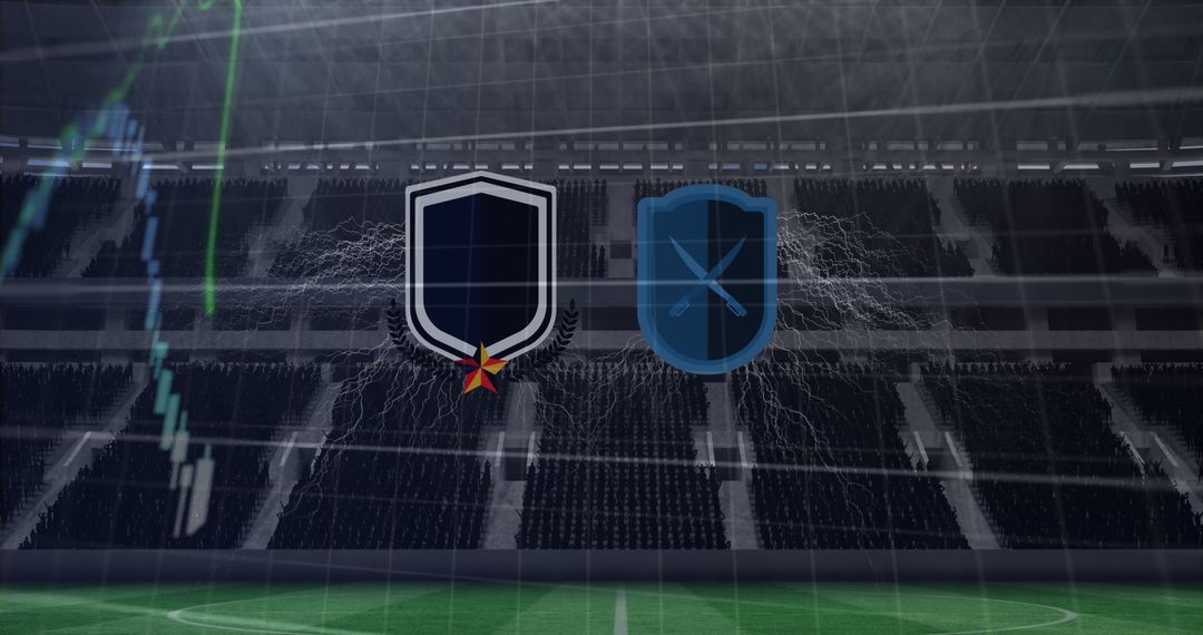 Futuristic Sports Stadium with Team Emblems and Data Graphics