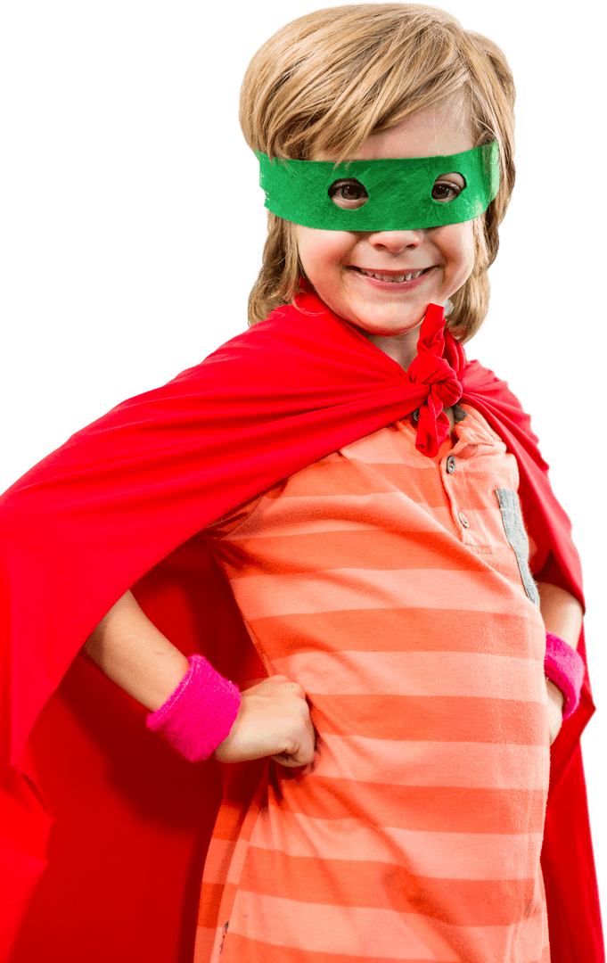 Joyful Kid in Bright Superhero Outfit on Transparent Background