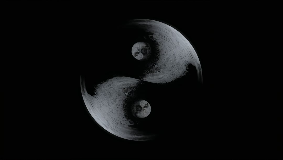 Monochrome yin-yang moons rotating over black void with cratered texture and symmetry