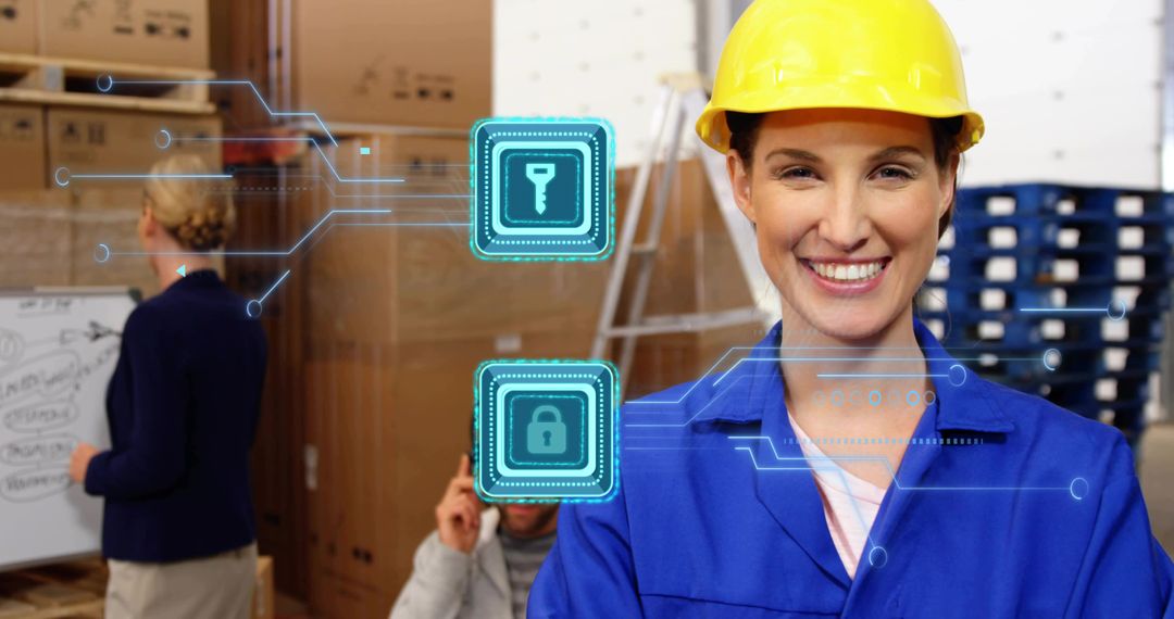 Warehouse worker with hard hat smiling while supervising smart inventory security systems