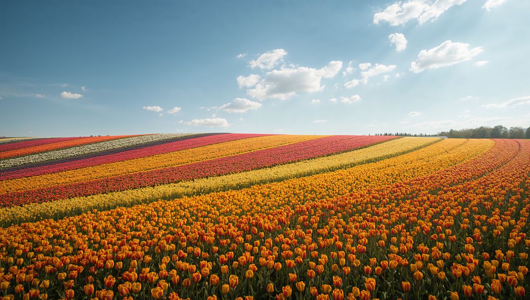 Vibrant Multicolored Tulip Fields Blooming Under Sunny Skies