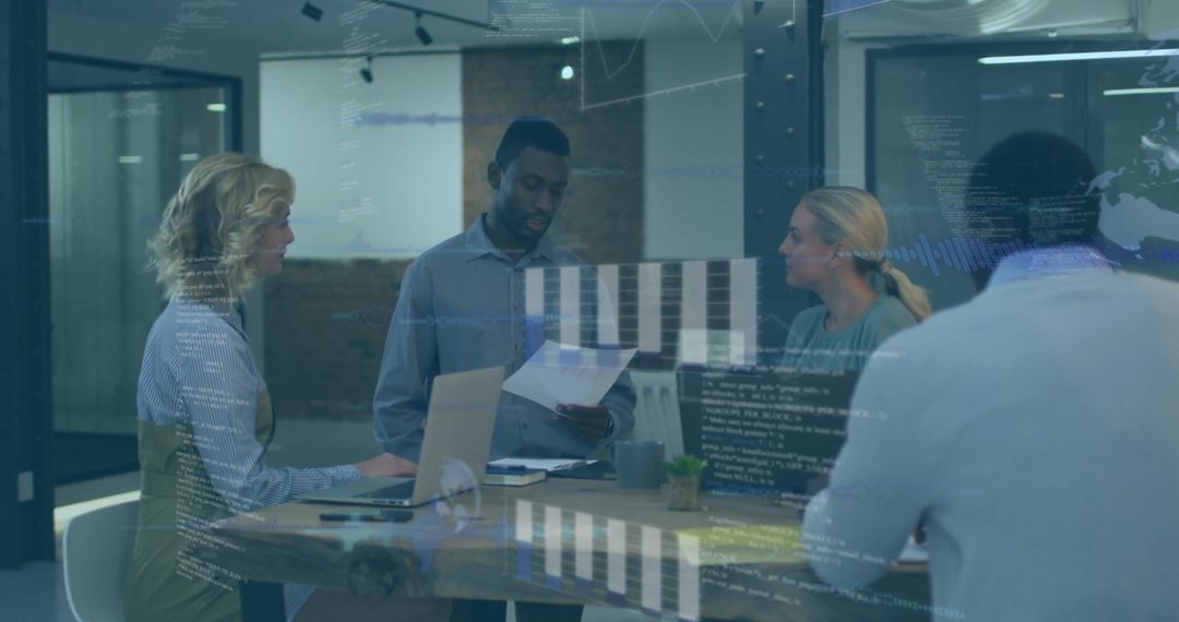 Diverse Business Team Analyzing Financial Data Overlays in Modern Office