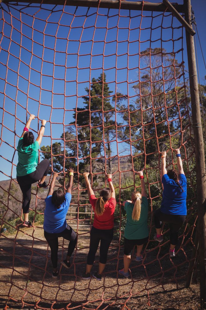 Women Climbing Net in Outdoor Obstacle Course - Free Images, Stock Photos and Pictures on Pikwizard.com