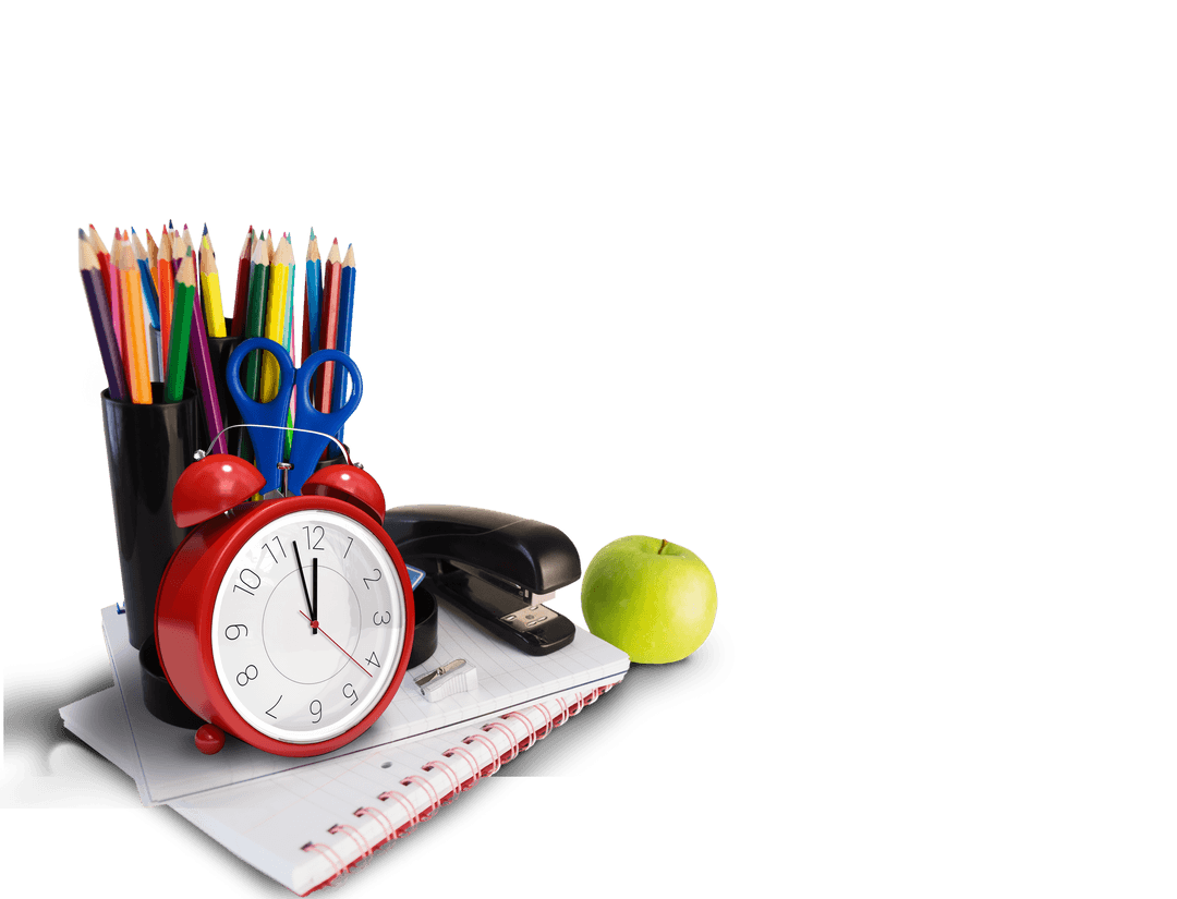 Office Supplies on Transparent Background with Red Alarm Clock