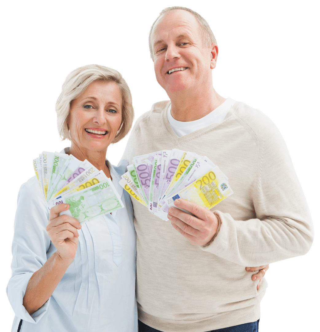 Happy Mature Couple Displaying Euro Banknotes on Transparent Background