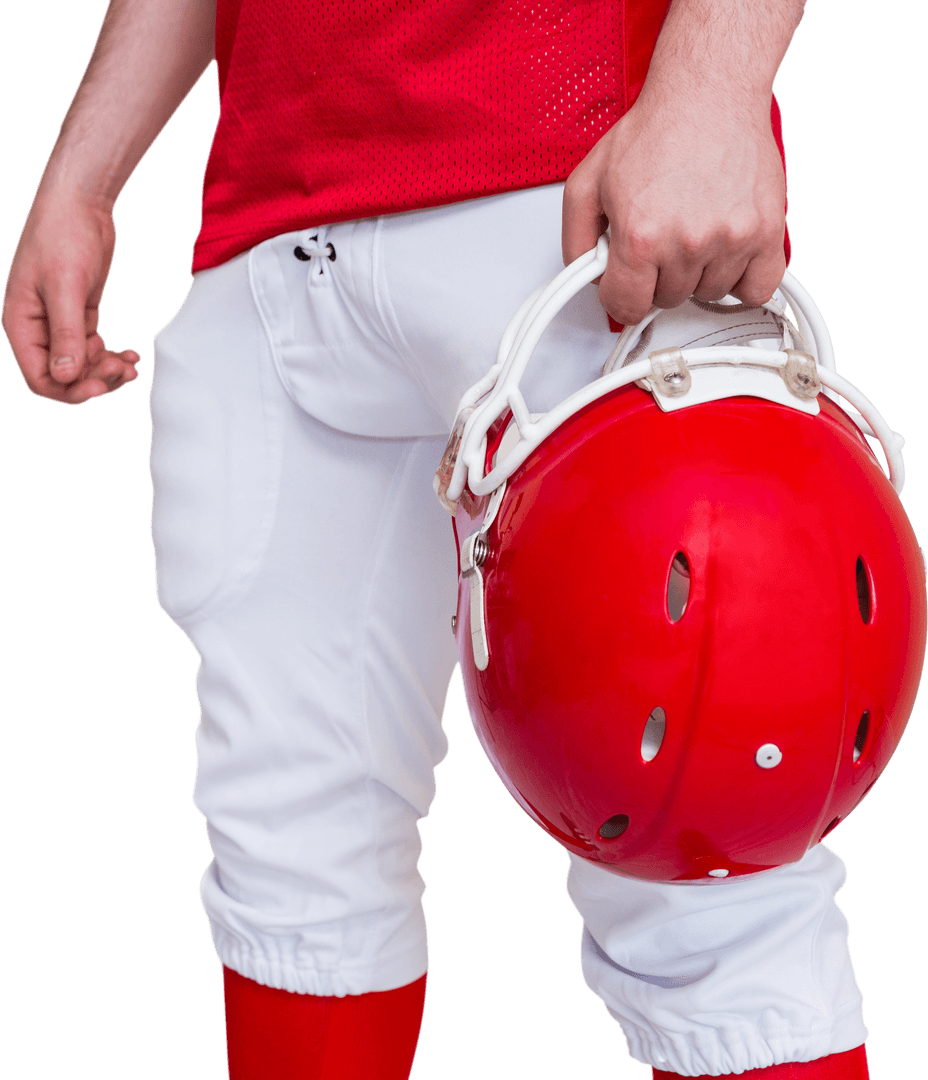 American Football Player Holding Red Helmet on Transparent Background