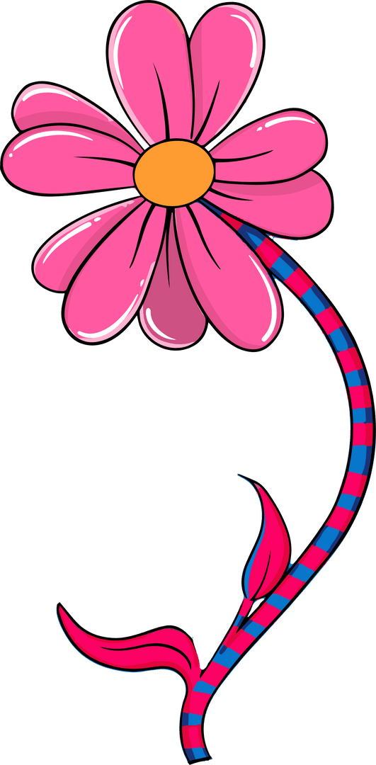 Pink Flower with Blue-Red Striped Stem on Transparent Background