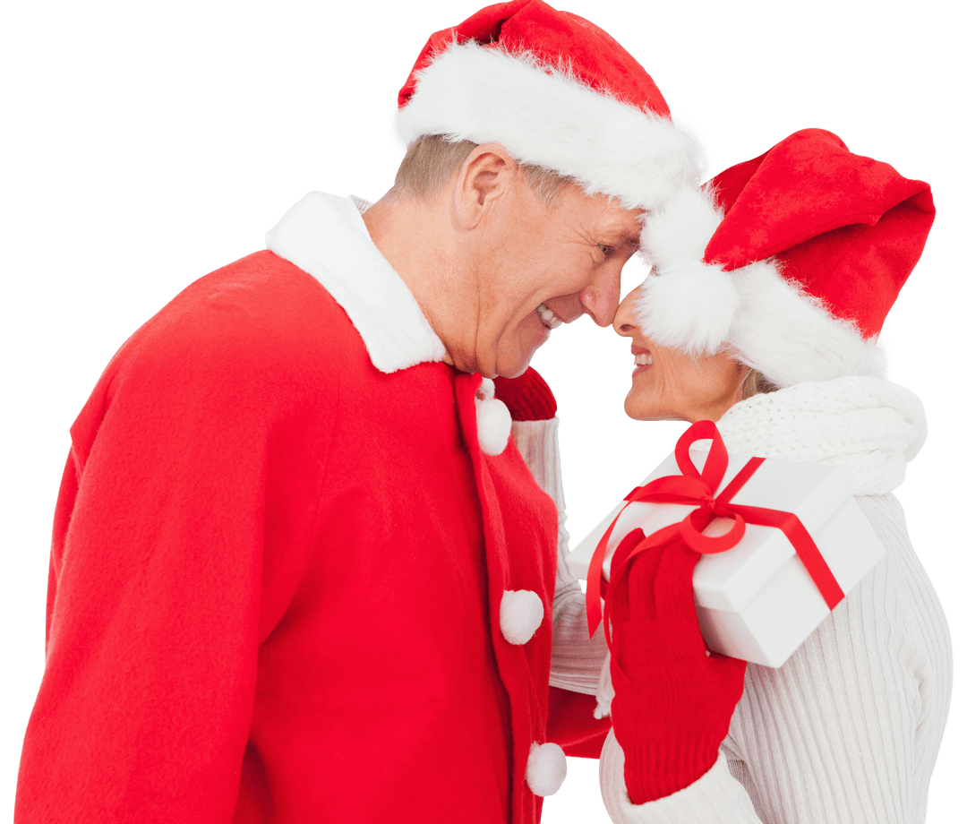 Happy Caucasian Couple in Santa Hats Sharing Holiday Gift on Transparent Background