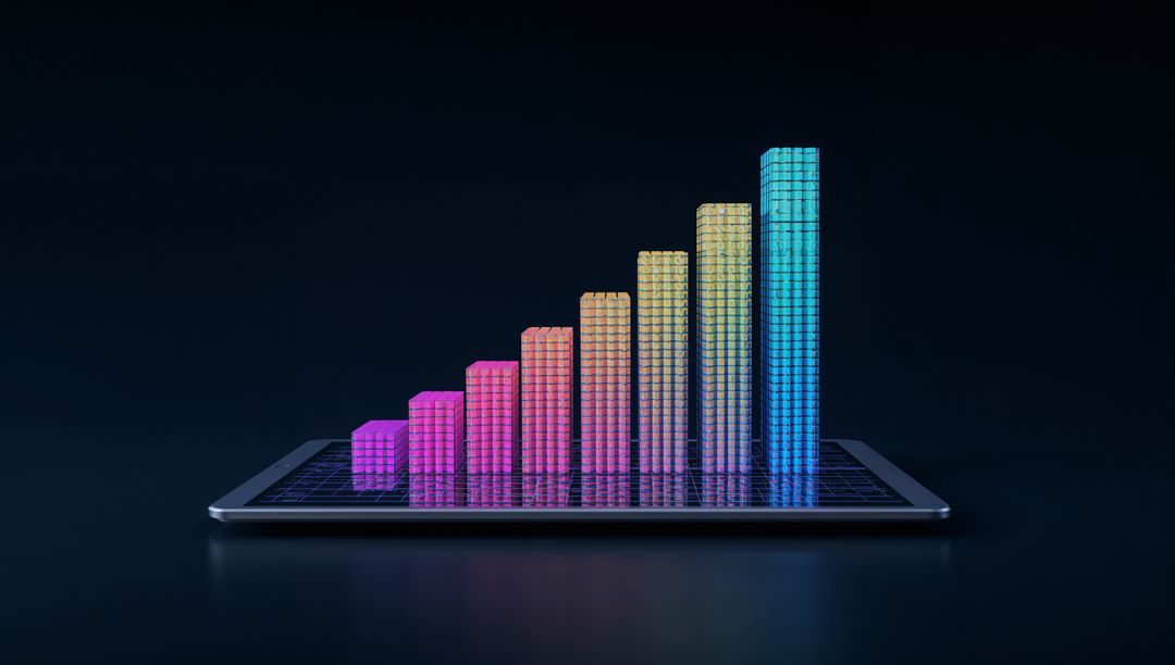 3D Bar Chart Emerging from Tablet with Gradient Colors on Dark Background