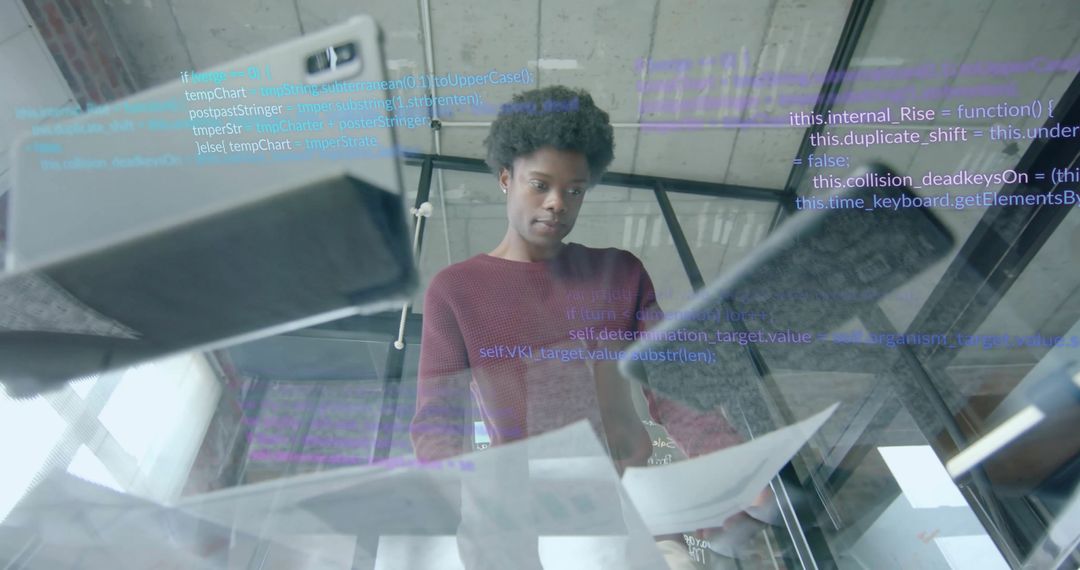 Business Professional Analyzing Digital Data Streams in Modern Office