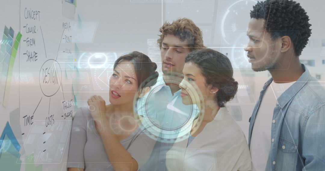 Diverse Team Collaborating on Data-Driven Project with Futuristic Interface