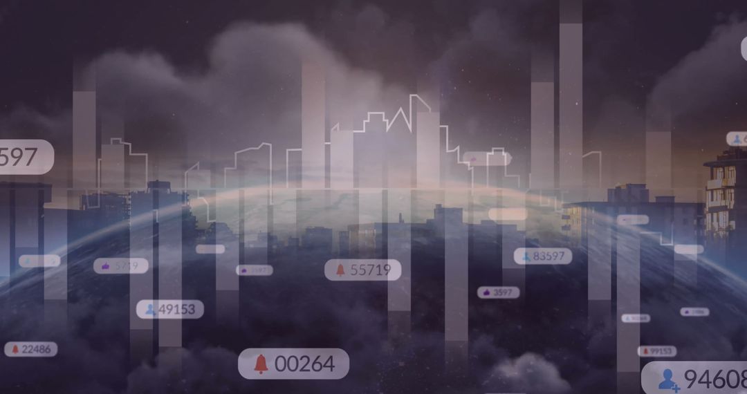Social Media Notifications and Data Over Cloudy Cityscape