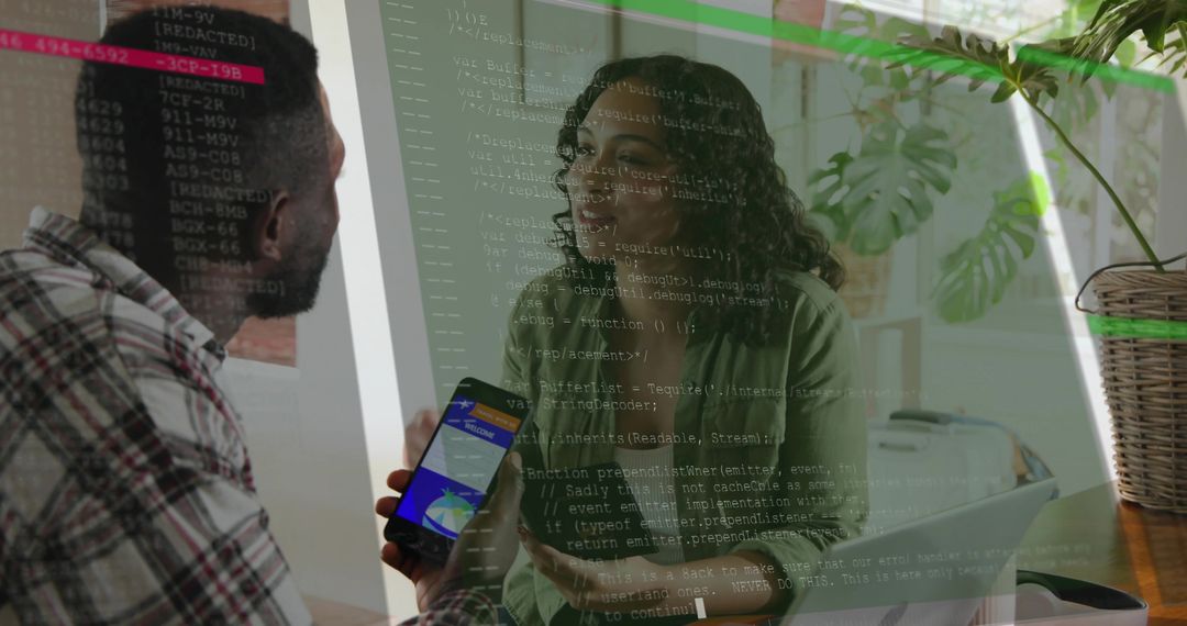Developers collaborating with mobile app and laptop while code overlay suggests teamwork