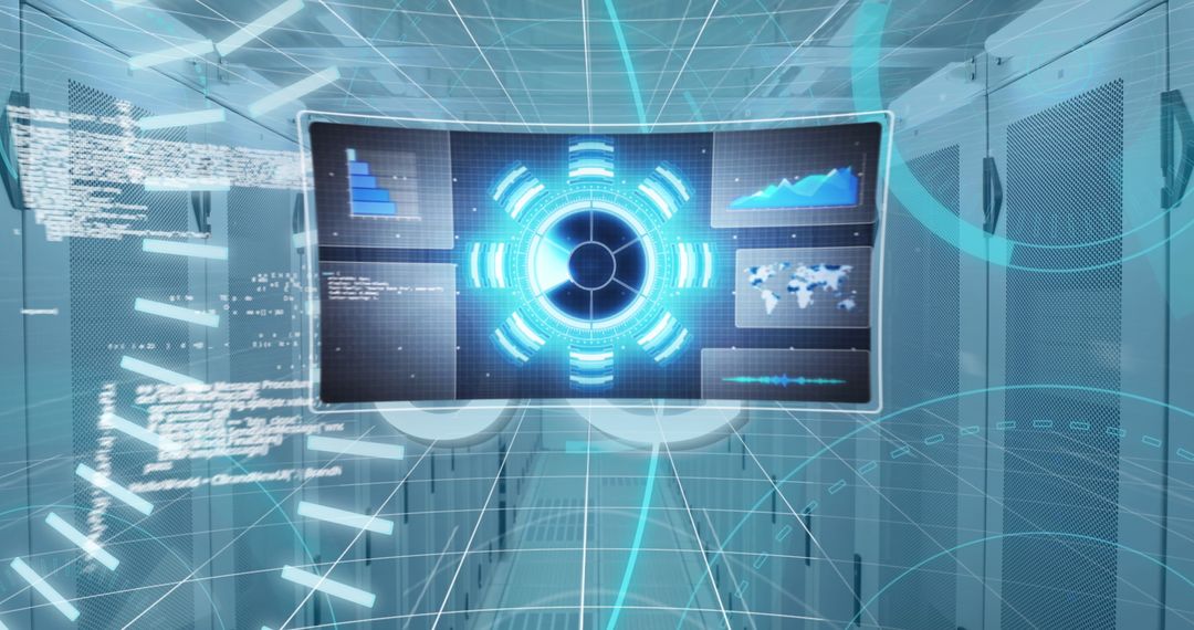 Futuristic data processing interface display in server room