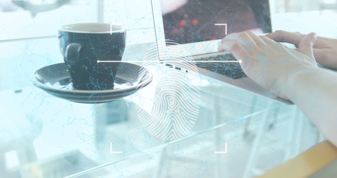 Person Using Laptop with Fingerprint Scanning Icon on Screen