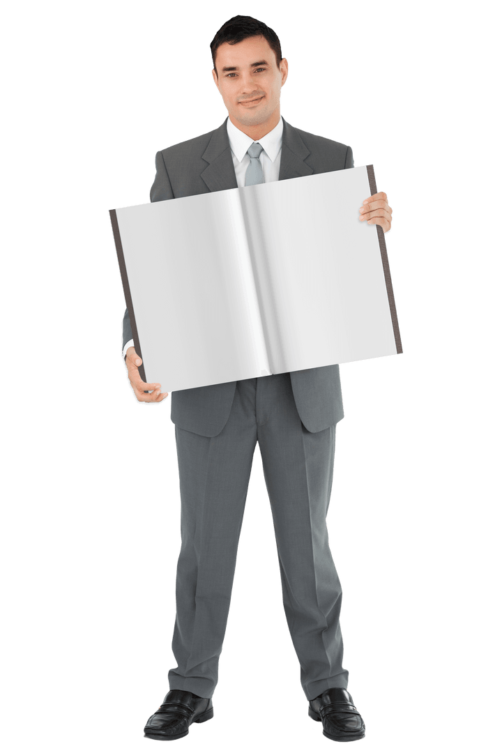 Smiling Businessman Holding Blank Book, Transparent Background