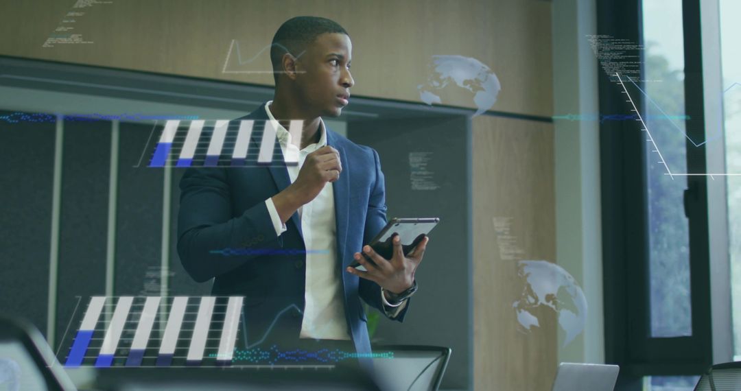 Business Executive Analyzing Digital Data on Tablet in Modern Office