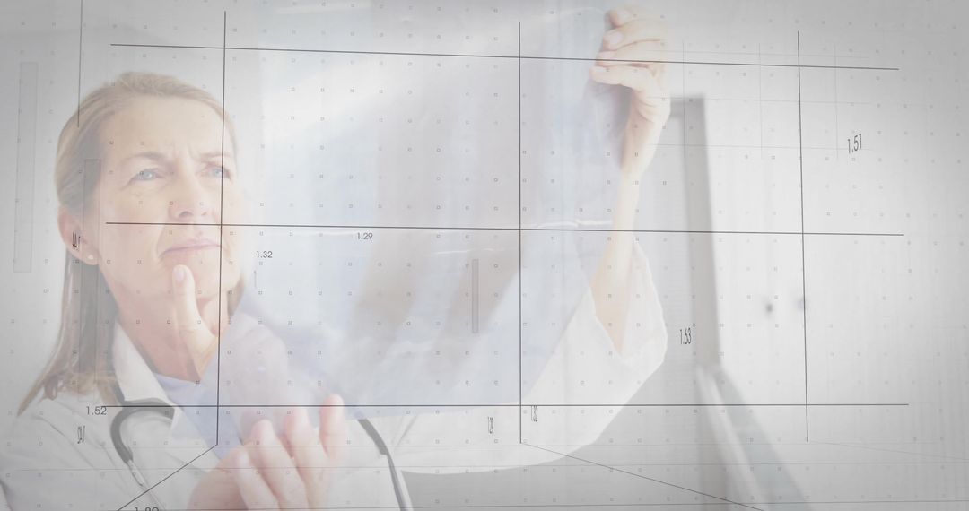 Senior Physician Examining Radiograph with Grid Overlay, Analyzing Diagnostic Results