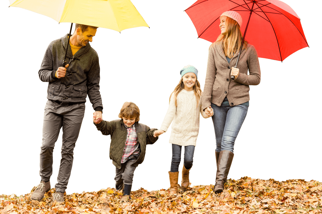Happy Family Walking with Umbrellas on Leafy Path Transparent Background