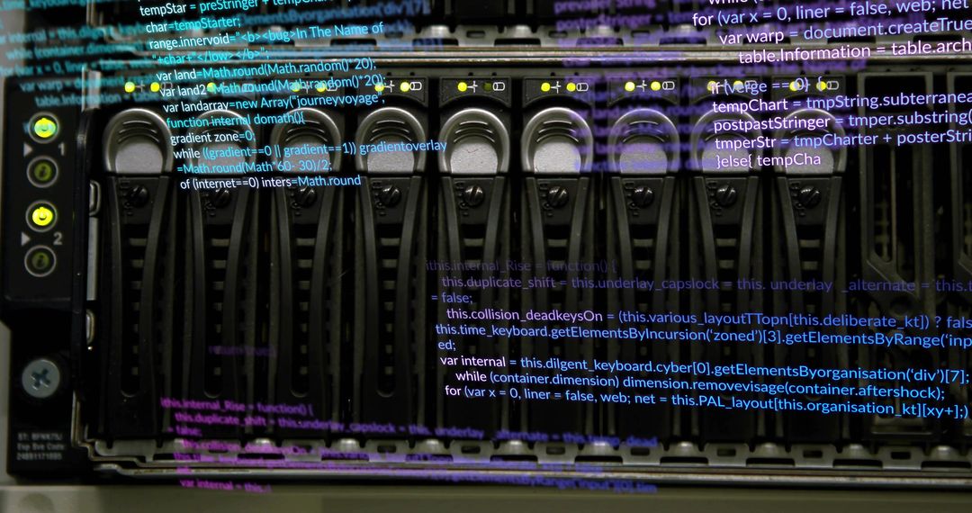 Server Rack with Code Overlay in Data Center Highlighting Data Processing