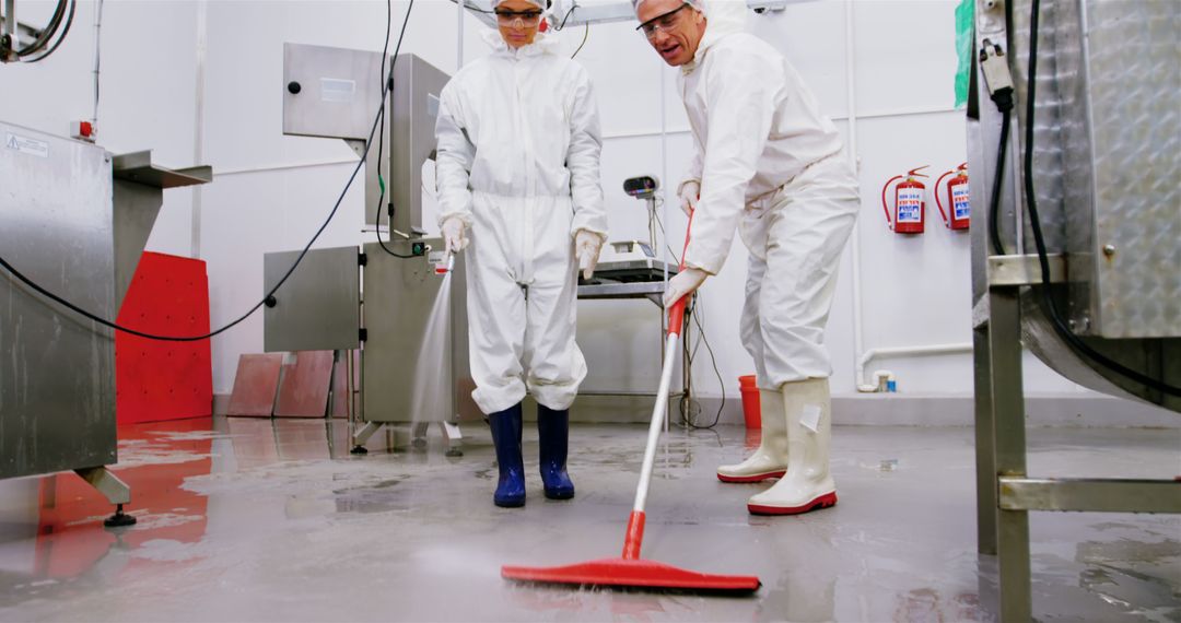 Industrial Workers Cleaning Factory Floor in Protective Gear - Free Images, Stock Photos and Pictures on Pikwizard.com