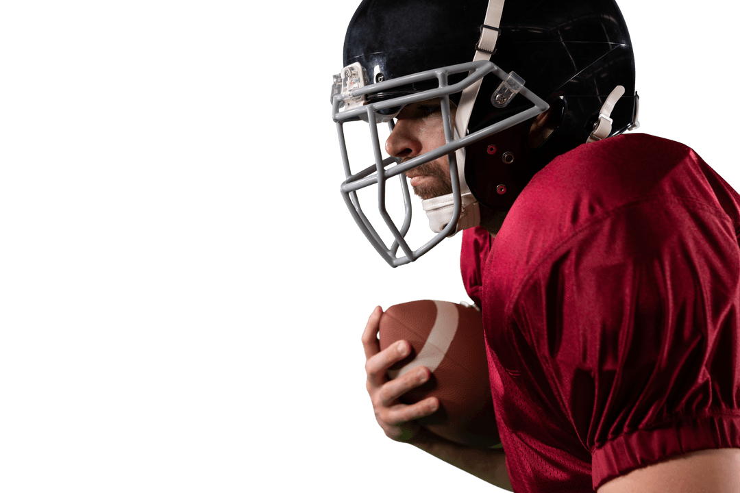 Caucasian Football Player Strategizing with Football on Transparent
