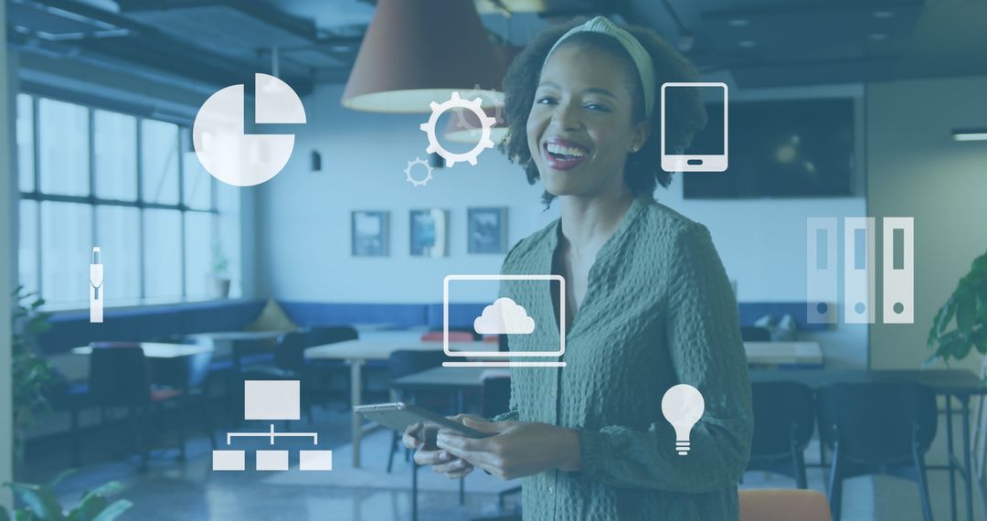 Smiling Businesswoman With Digital Icons in Modern Office
