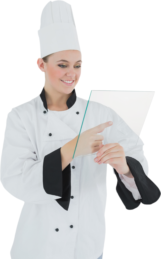 Transparent Smiling Female Chef Holding Glass Pane and Exploring Display - Download Free Stock Images Pikwizard.com