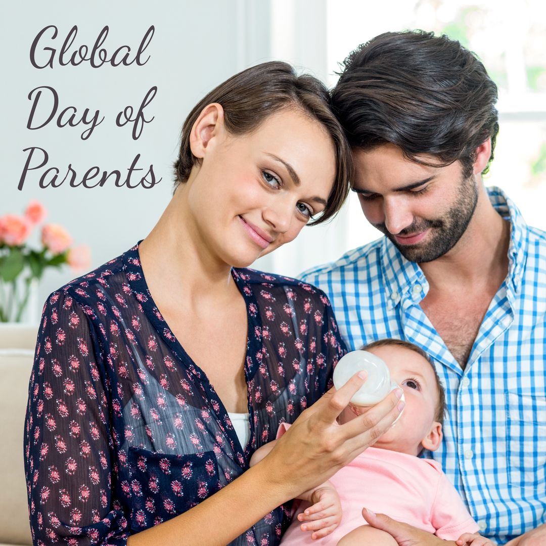 Digital composite image of global day of parents text by caucasian parents feeding milk to baby - Download Free Stock Templates Pikwizard.com