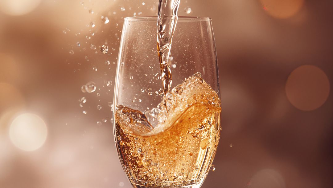 Golden Sparkling Liquid Filling Flute Glass with Bubbles and Droplets