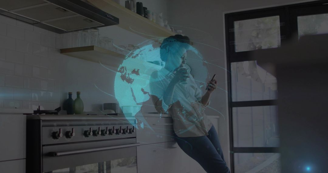 Woman Communicating on Smartphone with Futuristic Hologram