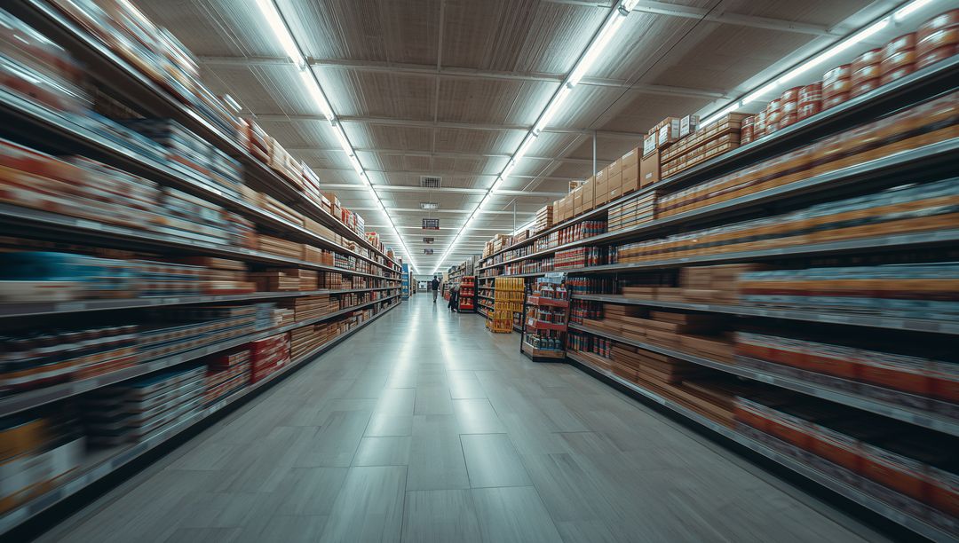 Warehouse Store Aisle with Shoppers Blurred in Motion