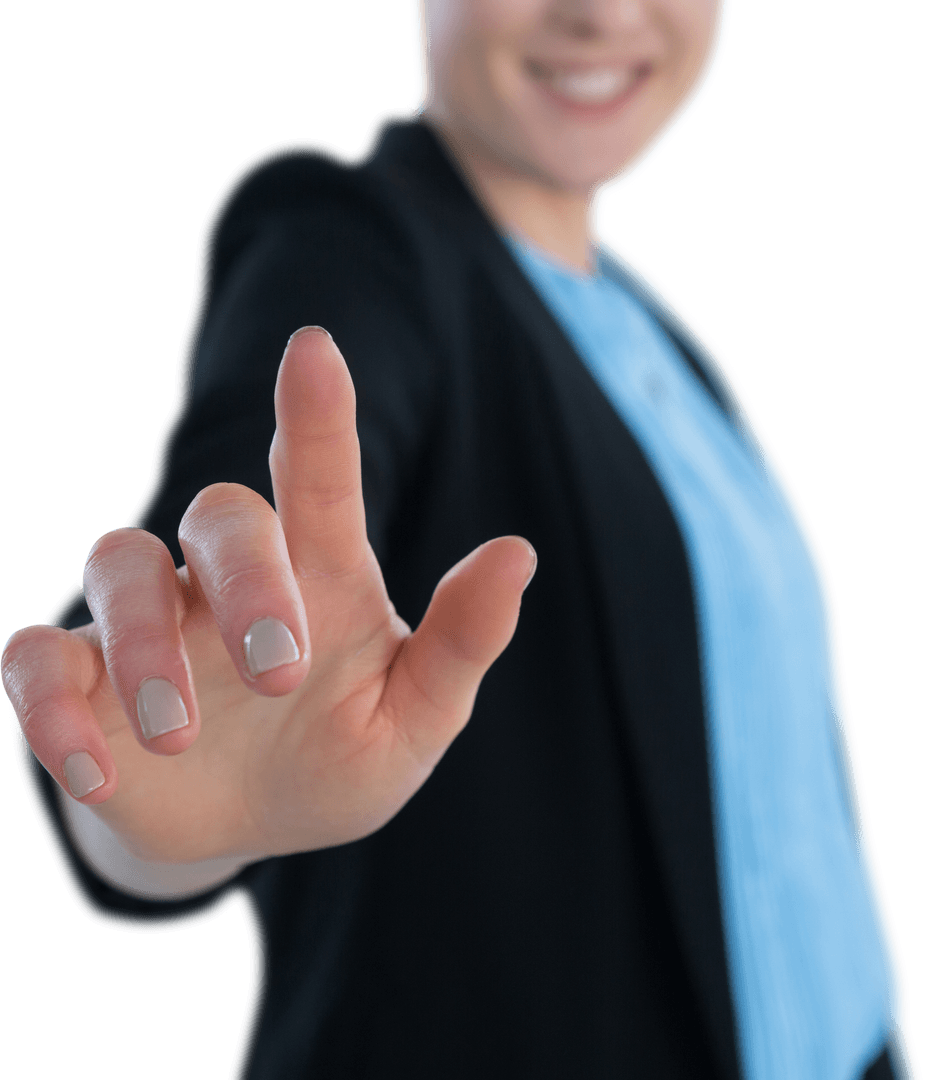 Businesswoman Touching Virtual Transparent Interface Smiling