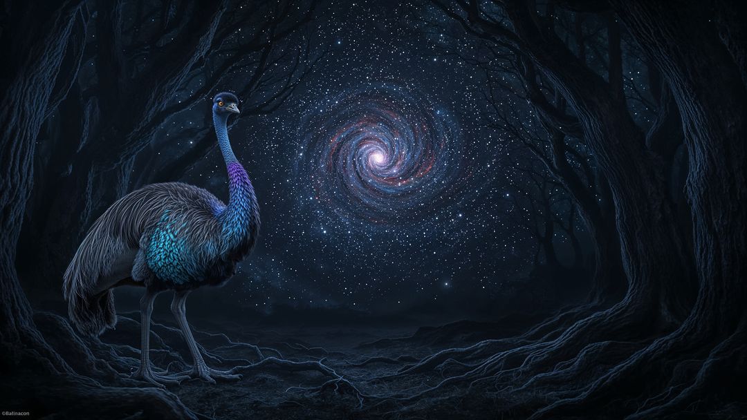 Ethereal Emu Stands Beneath Cosmic Spiral in Mysterious Forest
