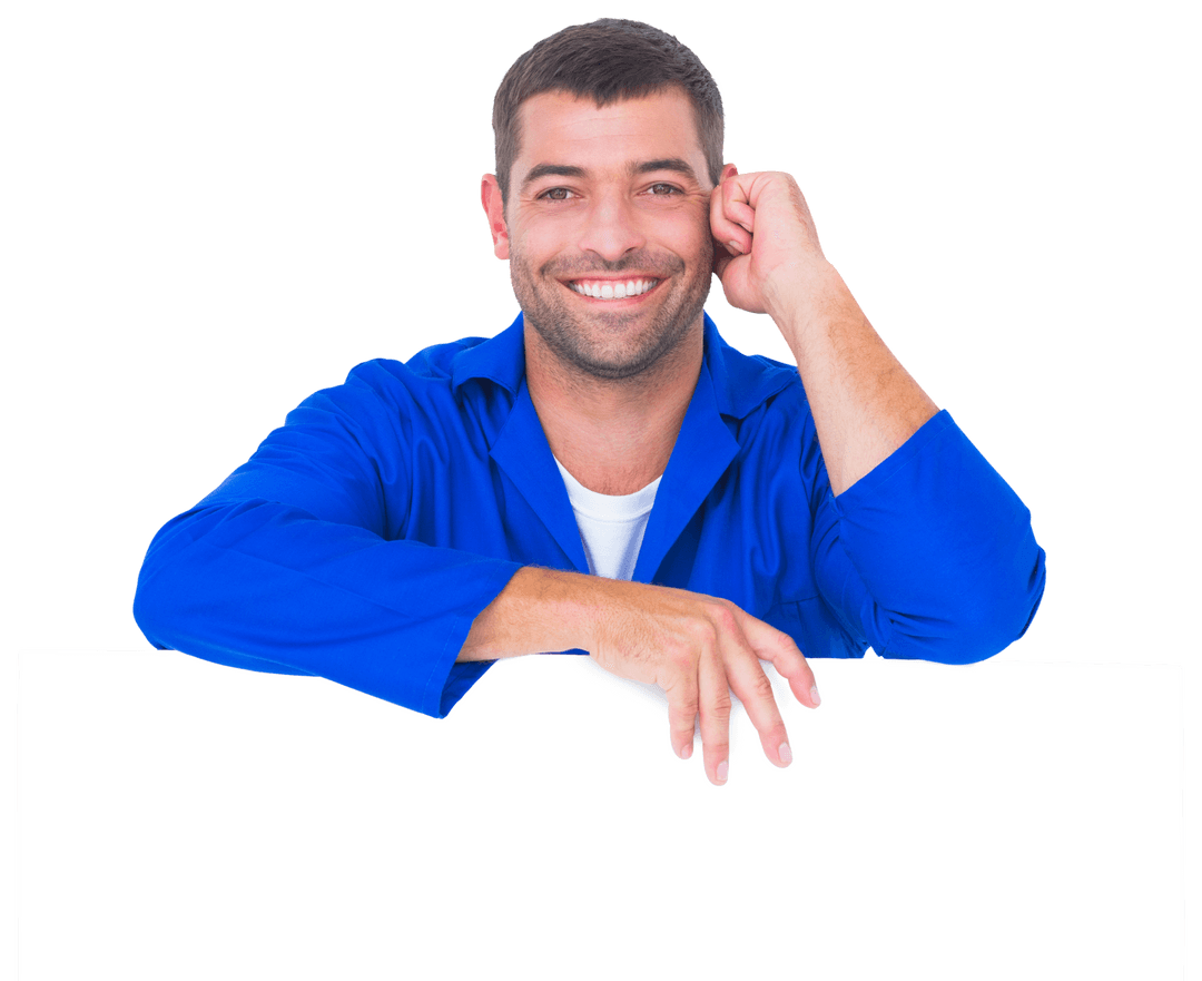 Smiling Mechanic in Blue Outfit Leer over Transparent Sign