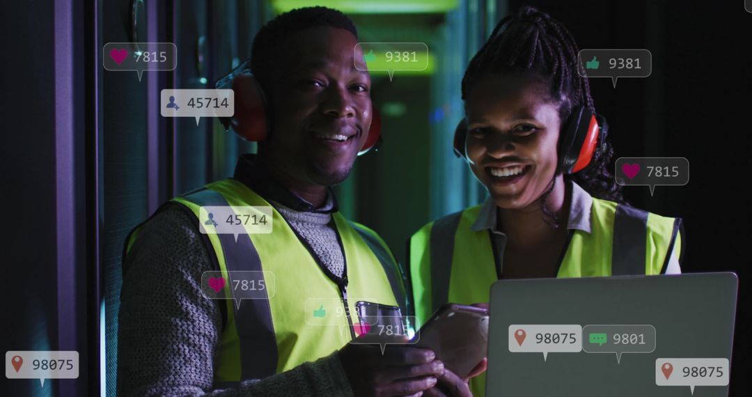 Tech Engineers in Server Room Embracing Social Media Innovations