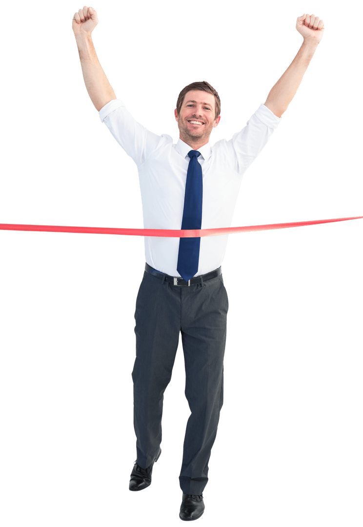 Transparent Businessman Crossing Finish Line with Joyful Expression