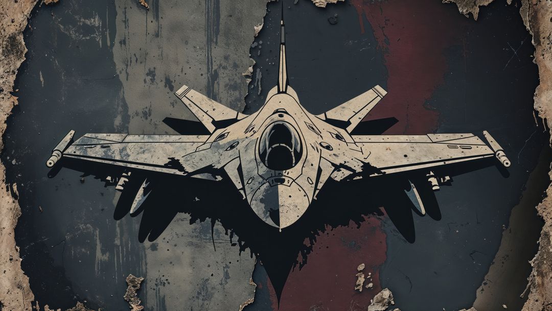 Stencil-style f16 fighter jet mural on distressed urban wall