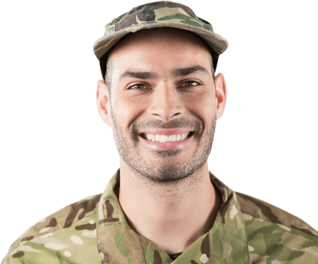 Transparent Image of Smiling Soldier in Camouflage Uniform