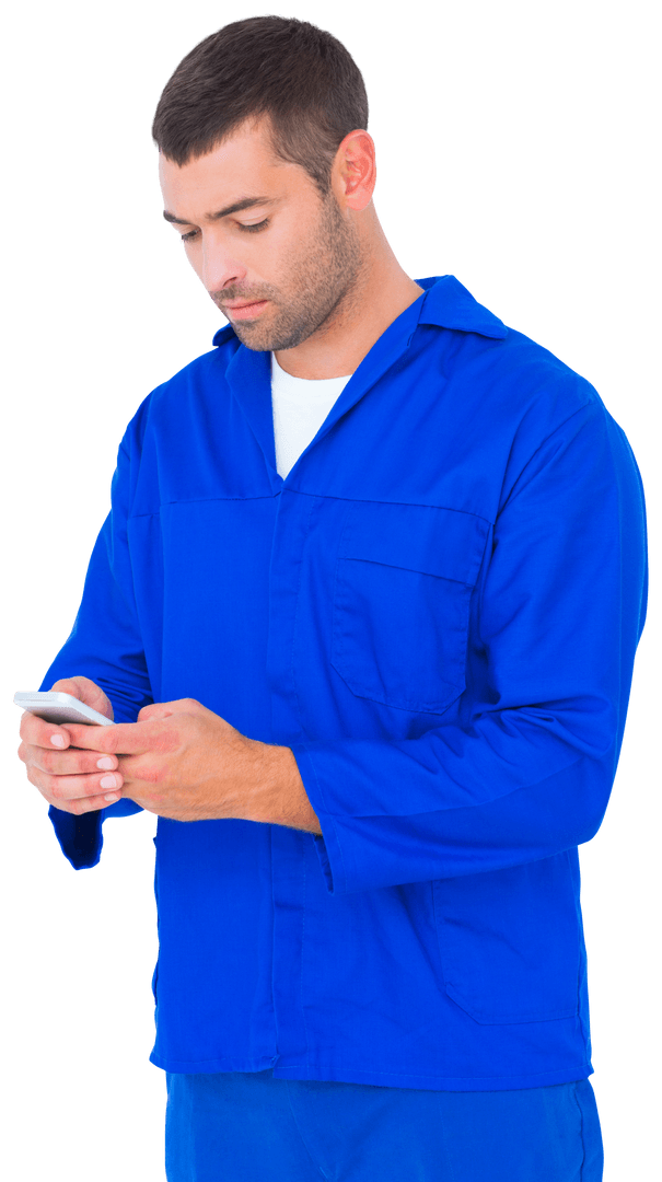 Transparent Male Mechanic Messaging on Phone in Blue Uniform
