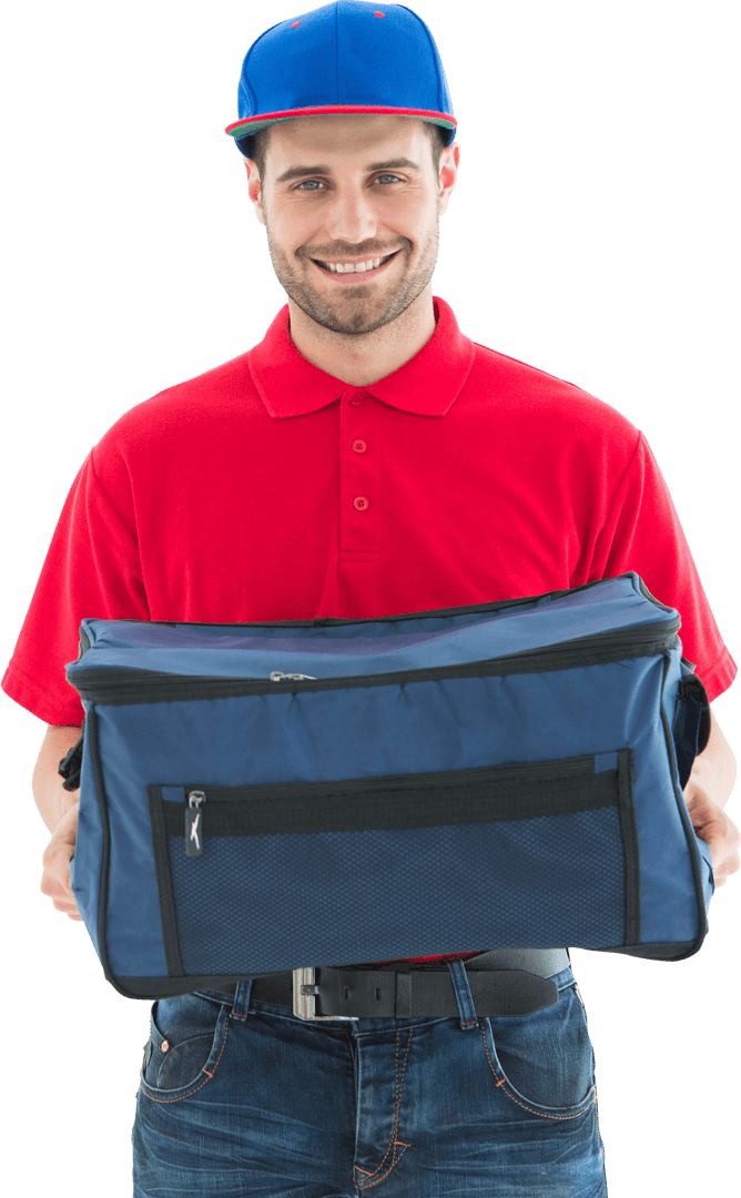 Smiling Delivery Guy with Blue Insulated Bag Transparent Background