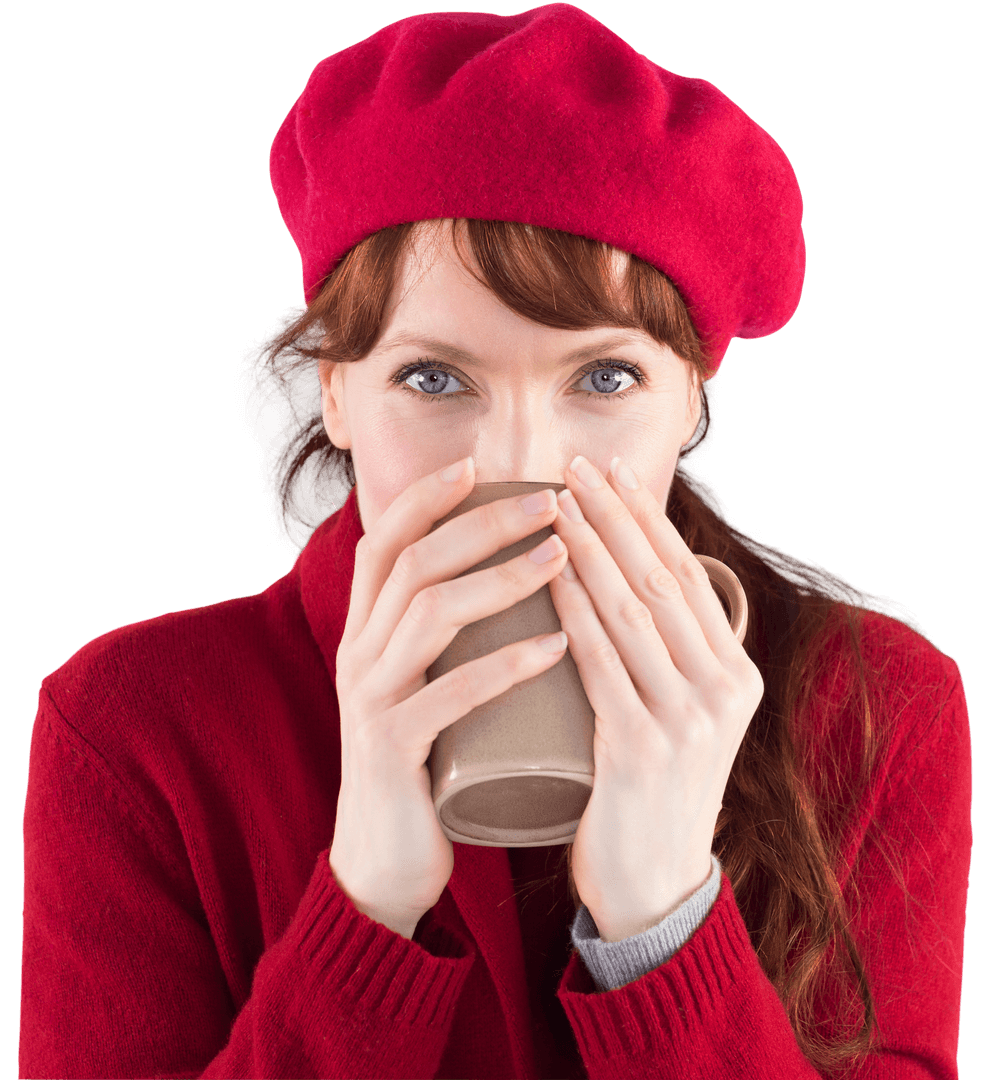 Woman in Red Beret Enjoying Warm Beverage with Transparent Background